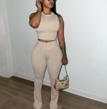 Fashionable Casual Women's Solid Color Slim Crop Top High Waist Slim Fit Trousers Ribbed Two-Piece Set