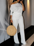 Women's Fall Fashion Solid Color Slash Shoulder Top Wide Leg Pants African Suit