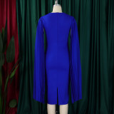 Women's Fashion Solid Color Round Neck Pleated Shawl Sleeve Formal Party Evening Dress