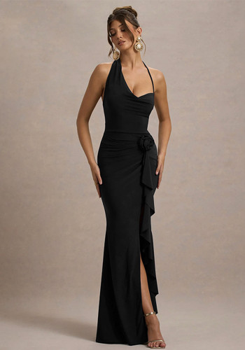 Autumn And Winter Flower Ribbon Irregular Halter Neck Slit Dress