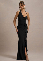 Autumn And Winter Flower Ribbon Irregular Halter Neck Slit Dress Autumn And Winter Flower Ribbon Irregular Halter Neck Slit Dress