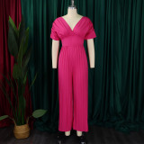 Women's V Neck Solid Color Pleated Jumpsuit