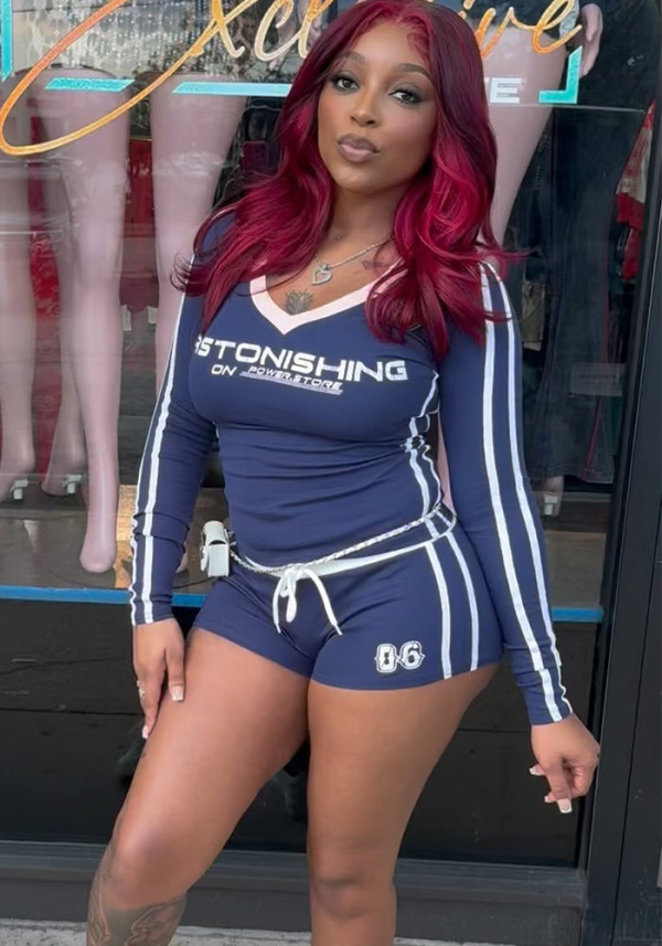 Autumn And Winter Slim Sexy Printed Long-Sleeved V-Neck Top Drawstring Shorts Set