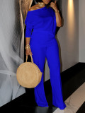 Women's Fall Fashion Solid Color Slash Shoulder Top Wide Leg Pants African Suit