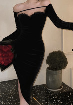 Autumn And Winter Slit Slim Irregular Bodycon Long Sleeve Off Shoulder Velvet Dress