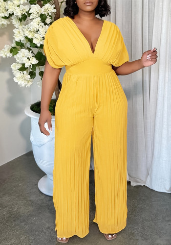 Women's V Neck Solid Color Pleated Jumpsuit