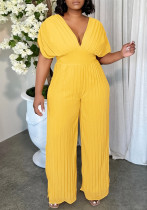 Women's V Neck Solid Color Pleated Jumpsuit Women's V Neck Solid Color Pleated Jumpsuit