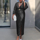 Fashion African Women's Chic V Neck Sexy Slim Sequin Plus Size Evening Dress