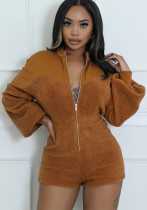 Women's Fashion Zipper Long Sleeve Cargo Shorts Jumpsuit