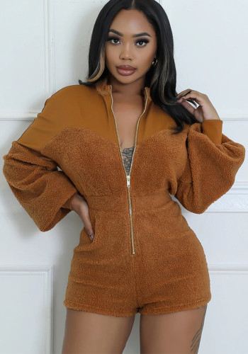 Women's Fashion Zipper Long Sleeve Cargo Shorts Jumpsuit