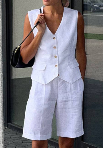 Women Linen summer casual sleeveless vest shorts Two Piece Set