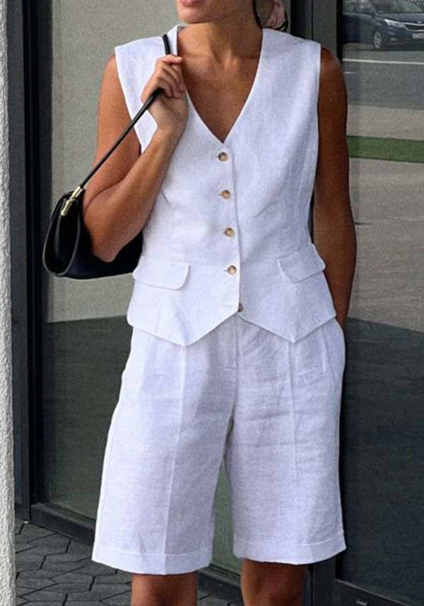 Women Linen summer casual sleeveless vest shorts Two Piece Set