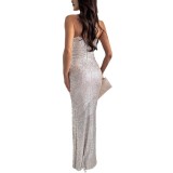Women Sexy Suspender V-Neck Sequin Party Open Dress