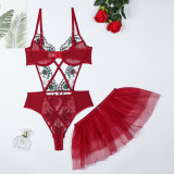 Women Removable Mesh Embroidery Patchwork Cross Hollow Sexy Bodysuit Sexy Lingerie