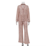 Women Lace See-Through Turndown Collar shirt and trousers Two Piece Set