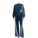 Women American sports style contrast striped top and trousers Two Piece Set