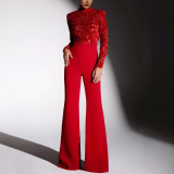 Women Long Sleeve Belt Bell Bottom Jumpsuit