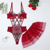 Women Removable Mesh Embroidery Patchwork Cross Hollow Sexy Bodysuit Sexy Lingerie