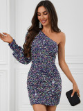Women Sexy One Shoulder Long Sleeve Sequin Party Evening Dress