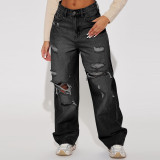 Women Winter Street Irregular Ripped Denim Straight Pants