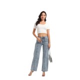 Women Casual retro blue denim trousers