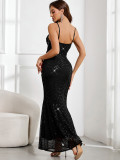 Women Sexy Backless Black Sequin Evening Dress