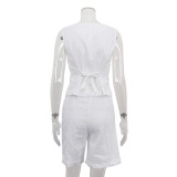 Women Linen summer casual sleeveless vest shorts Two Piece Set