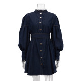 Women Denim lantern sleeve tie shirt dress