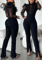 Women black sequin lace long sleeve slit jumpsuit
