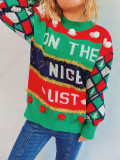 Christmas Women Letter Jacquard Gold Thread Stripe Knitting Round Neck Sweater