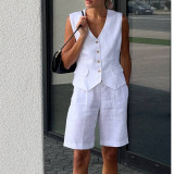 Women Linen summer casual sleeveless vest shorts Two Piece Set