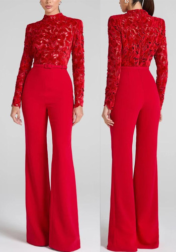 Women Long Sleeve Belt Bell Bottom Jumpsuit