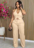 Women solid v-neck Halter Neck vest and PantTwo Piece Set