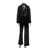 Women Lace See-Through Turndown Collar shirt and trousers Two Piece Set