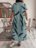 Plus Size Women short-sleeved printed slit dress