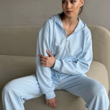 Women Fall Casual Long Sleeve Zipper Hoodies andSolid Lace-up PantsTwo Piece Set