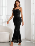 Women Sexy Backless Black Sequin Evening Dress