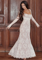 Women autumn sexy long-sleeved suspender hook flower lace Strap Dress