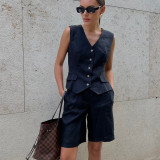 Women Linen summer casual sleeveless vest shorts Two Piece Set