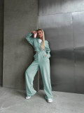Women Fall Casual Long Sleeve Zipper Hoodies andSolid Lace-up PantsTwo Piece Set