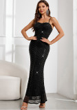 Women Sexy Backless Black Sequin Evening Dress