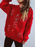 Christmas Women Solid Pearl Flocking New Year Sweater