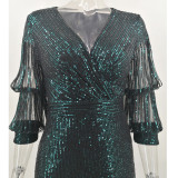 Women Sexy Vintage Green Sequin Dress