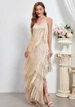 Women Sleeveless Sexy Formal Party Suspender Tassel Party Dress