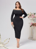 Plus Size Women Sexy Long Sleeve Sequin Off Shoulder Dress