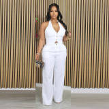 Women solid v-neck Halter Neck vest and PantTwo Piece Set