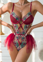 Women Removable Mesh Embroidery Patchwork Cross Hollow Sexy Bodysuit Sexy Lingerie