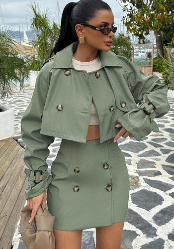 Women British style short Cargo jacket and Skirt Two Piece Set