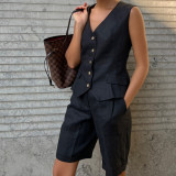 Women Linen summer casual sleeveless vest shorts Two Piece Set