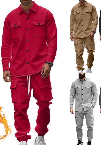 Men's American plus velvet Cargo Turndown Collar Jacket and Pant Two Piece Set